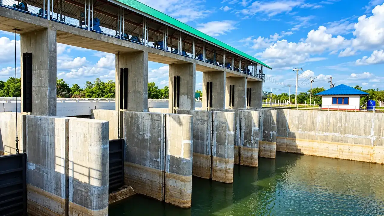 Concrete flood control structure with gates beside a river