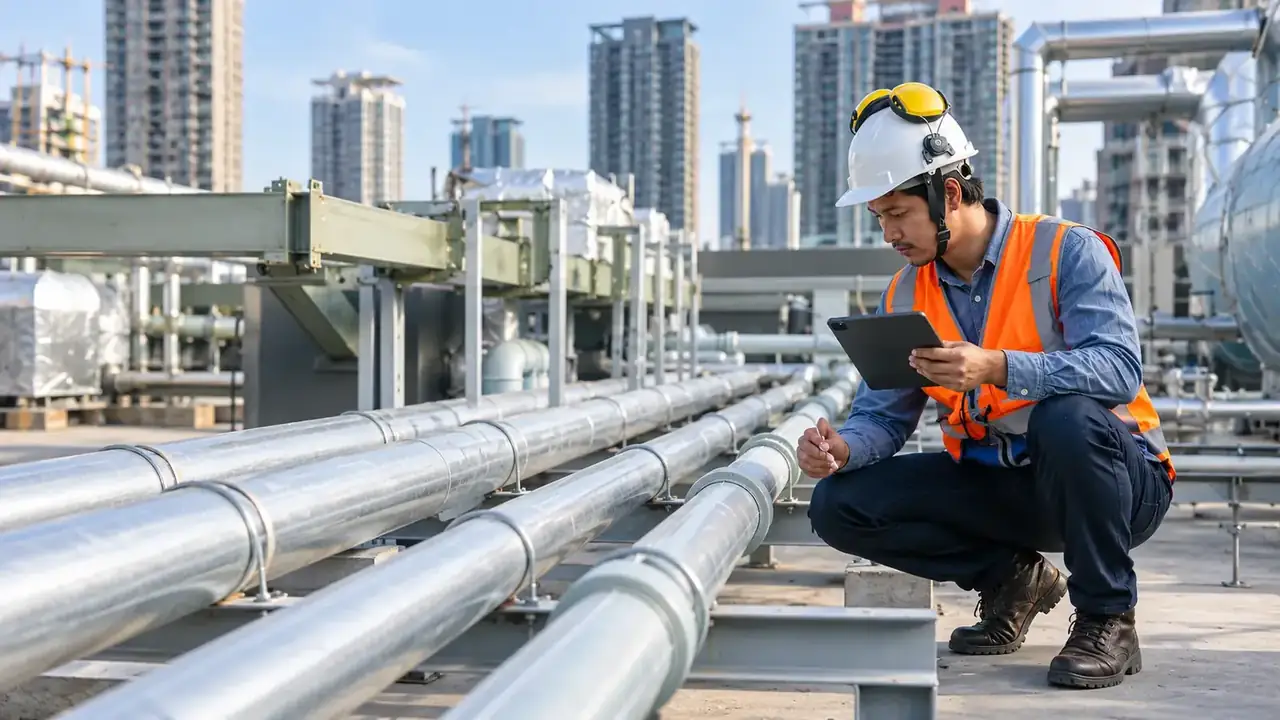 Engineer checking steel water pipelines on site